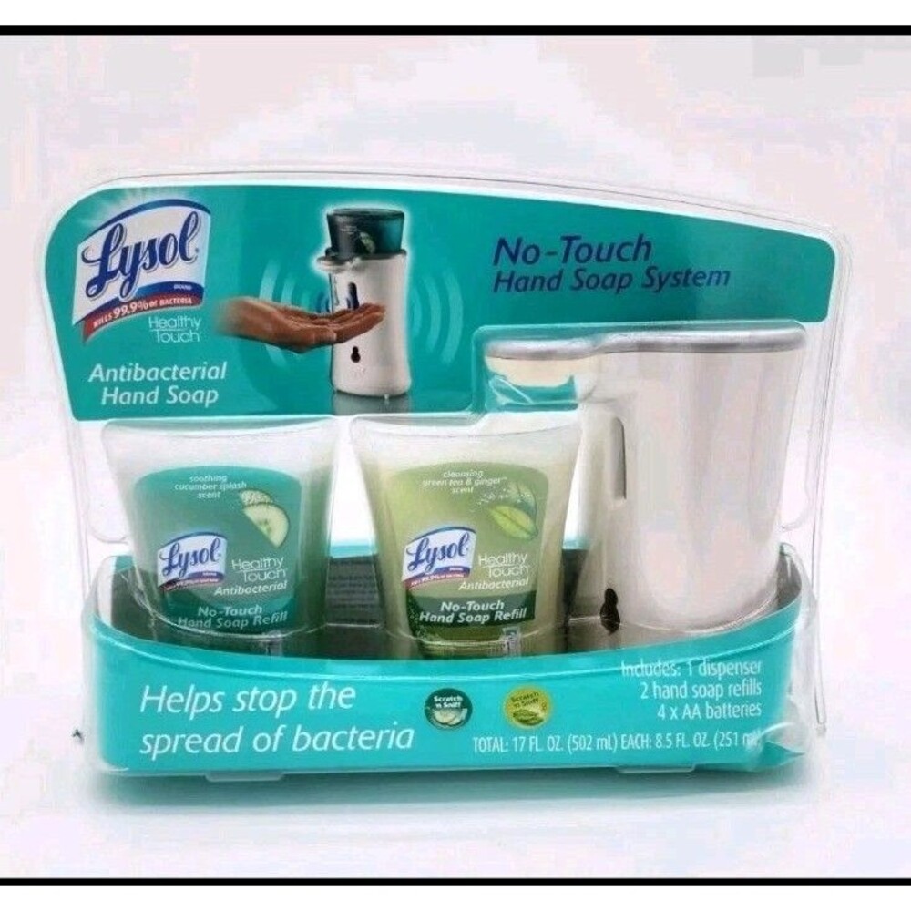 Lysol No Touch Hand Soap System DISPENSER 2 Soaps NEW Cucumber Green Tea Set